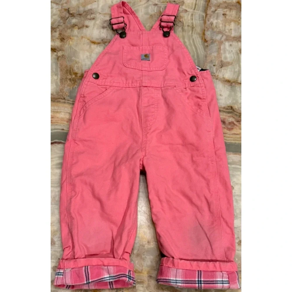 Carhartt Kids Flannel Canvas Bib Overalls Pink Lemonade Lining Plaid Size 2T